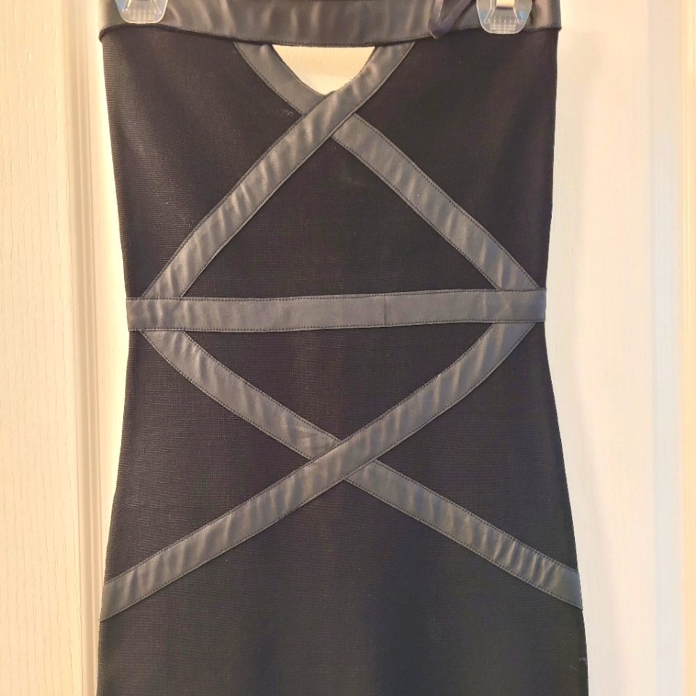 Black bebe bandage dress with leather trim